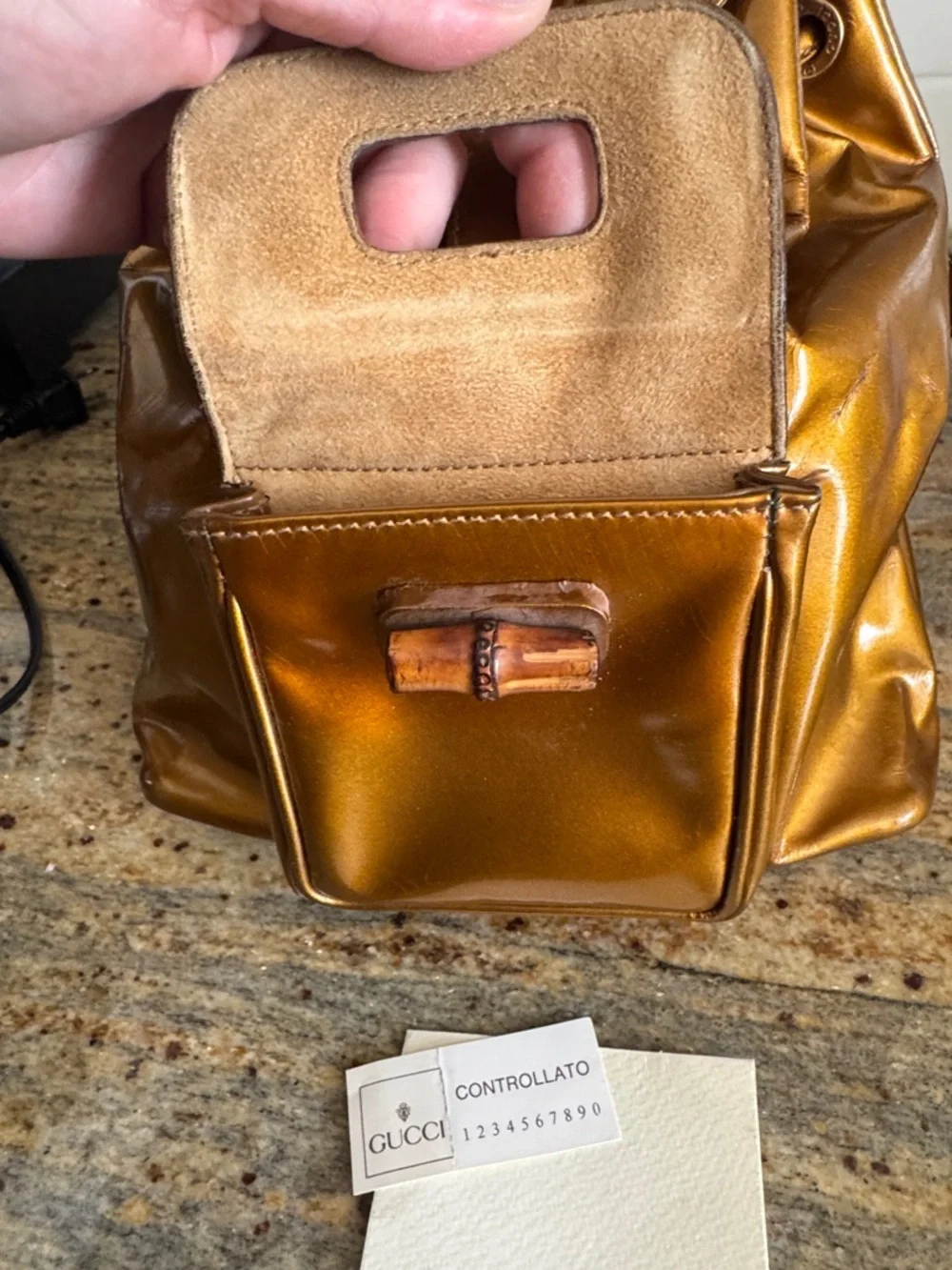 Gucci mini Patent Leather Drawstring Backpack ,, Bamboo Handle VTG Bronze - Picture 11 of 17